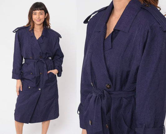 90s Purple Trench Coat Double Breasted Epaulette Belted Midi Jacket Medium