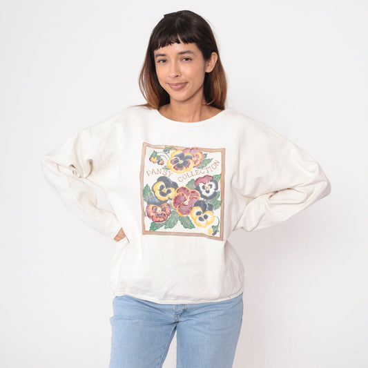 90s Pansy Collection Sweatshirt Cream Cotton Graphic Pullover Medium Large