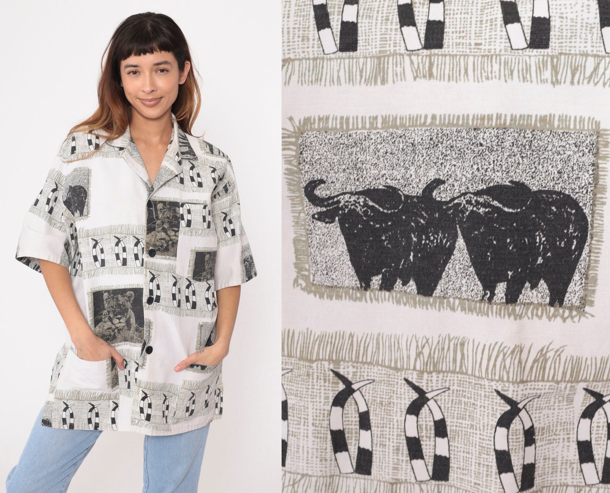 80s Safari Animal Print Button-Up Shirt Lion Giraffe Buffalo Black White Large