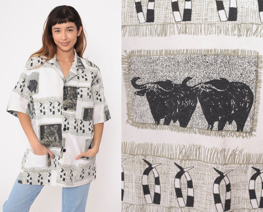 80s Safari Animal Print Button-Up Shirt Lion Giraffe Buffalo Black White Large