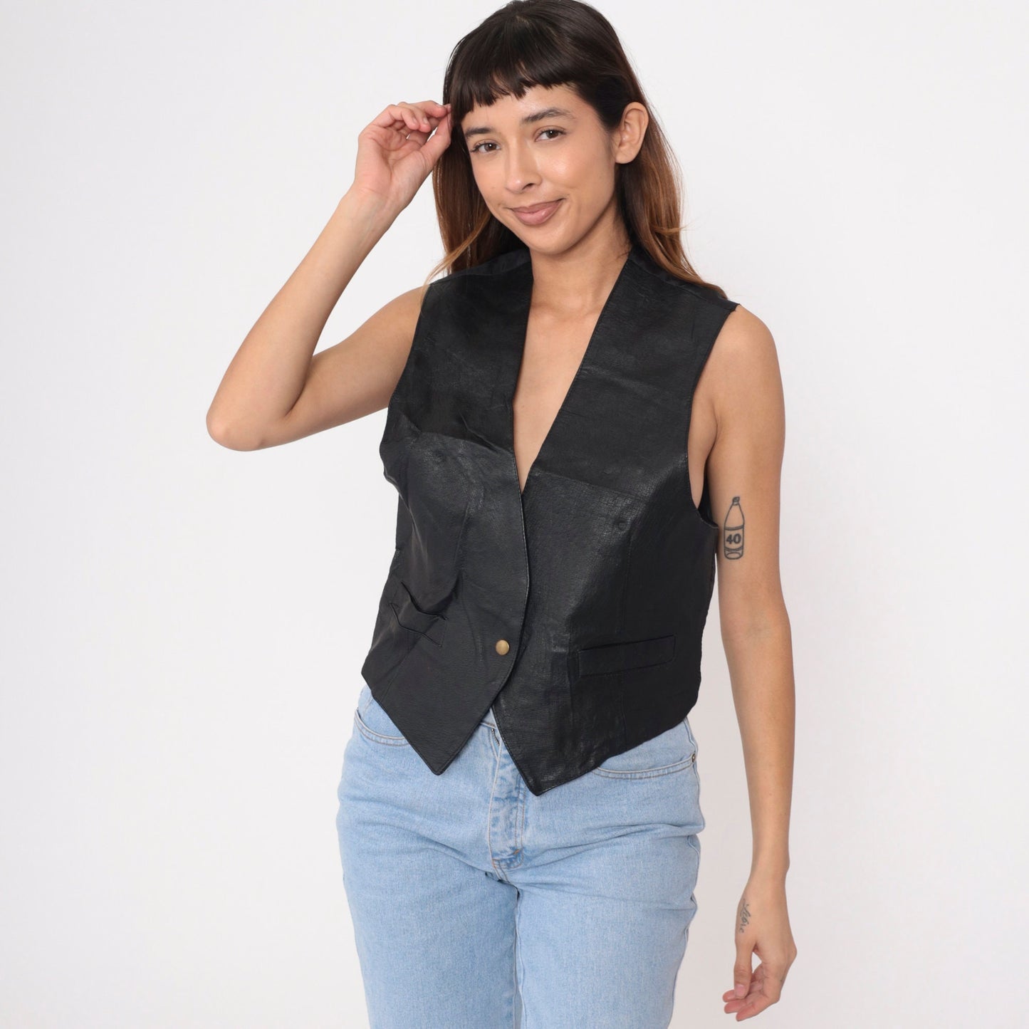 90s Black Leather Vest Single Snap V-Neck Sleeveless Top Small