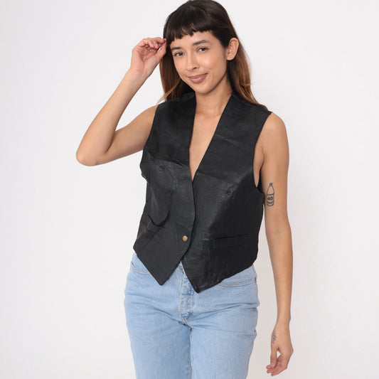 90s Black Leather Vest Single Snap V-Neck Sleeveless Top Small