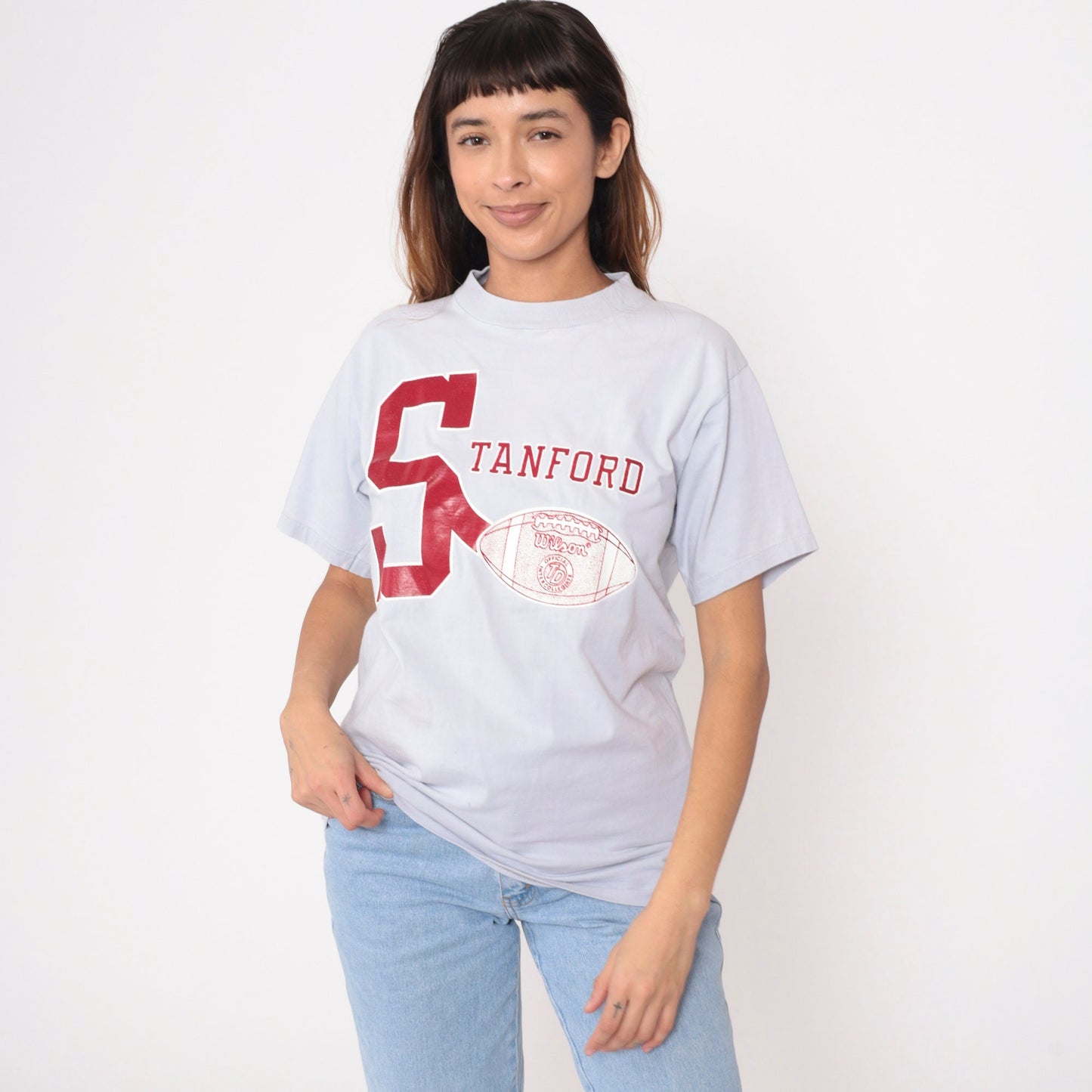 80s Stanford University Football Graphic T-Shirt Blue-Grey Medium
