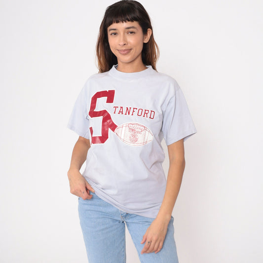 80s Stanford University Football Graphic T-Shirt Blue-Grey Medium