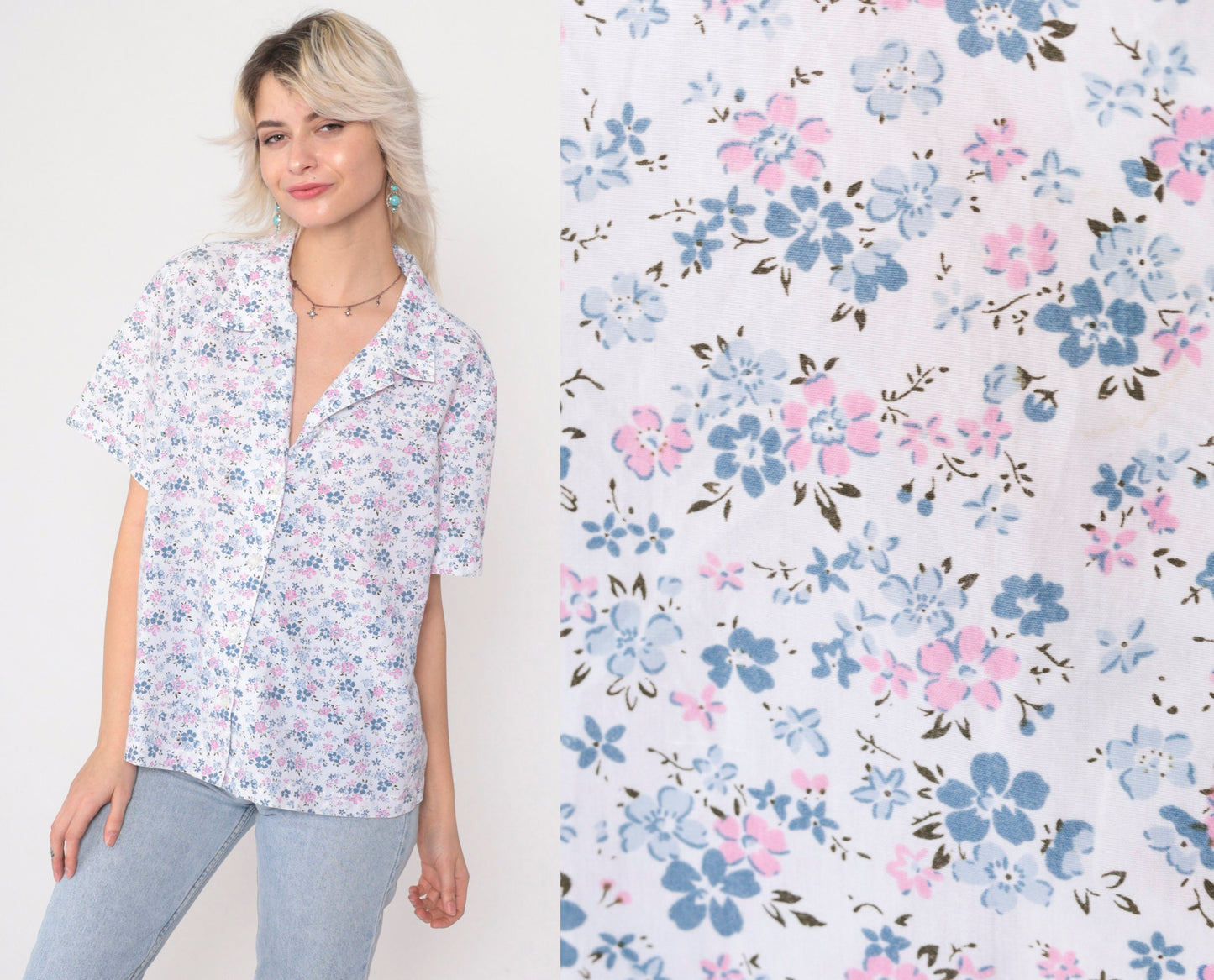 90s Blair White Floral Button Up Blouse Short Sleeve Collar Pink Blue Print Large