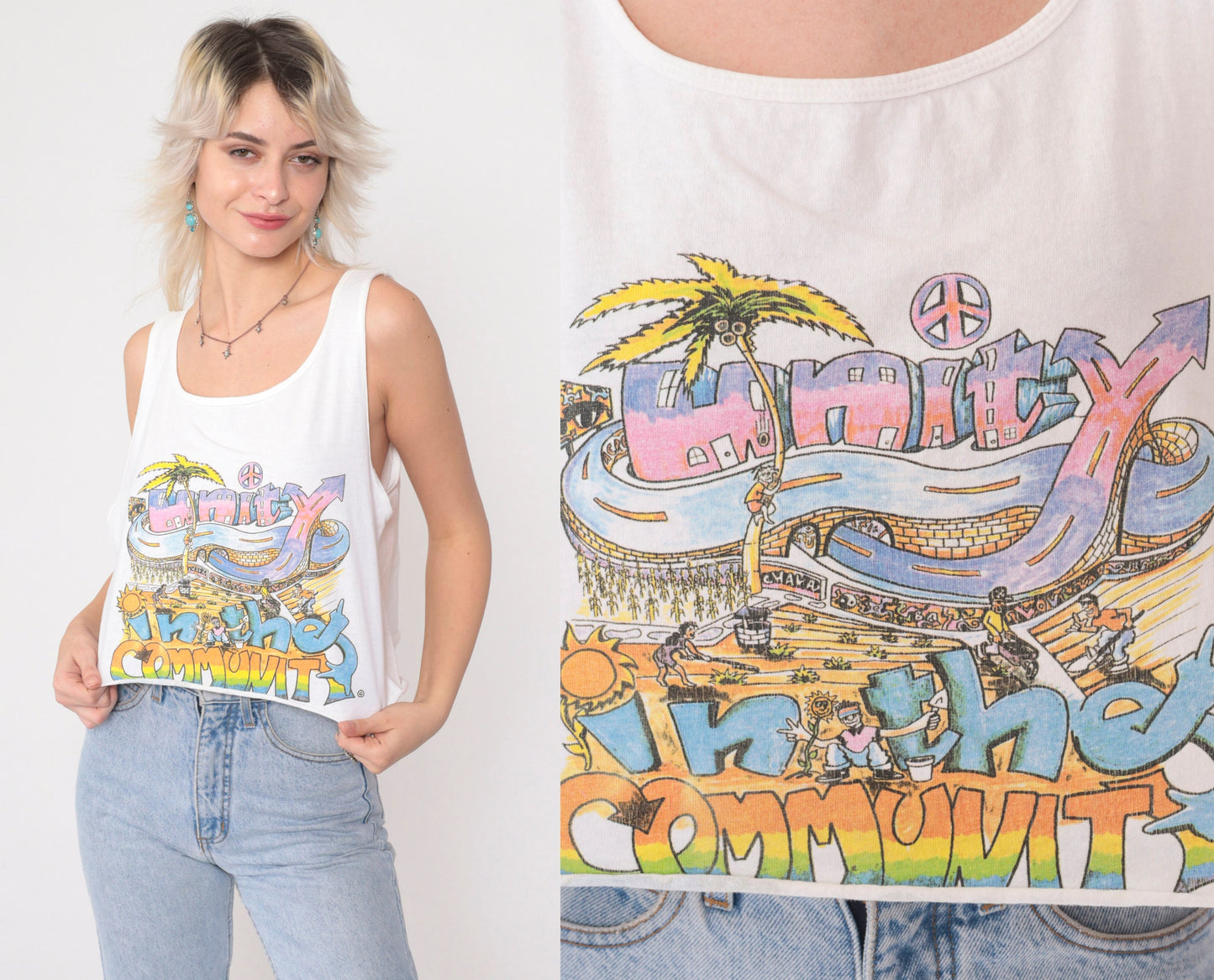 90s Unity In The Community Crop Tank Top White Graphic Tee Medium