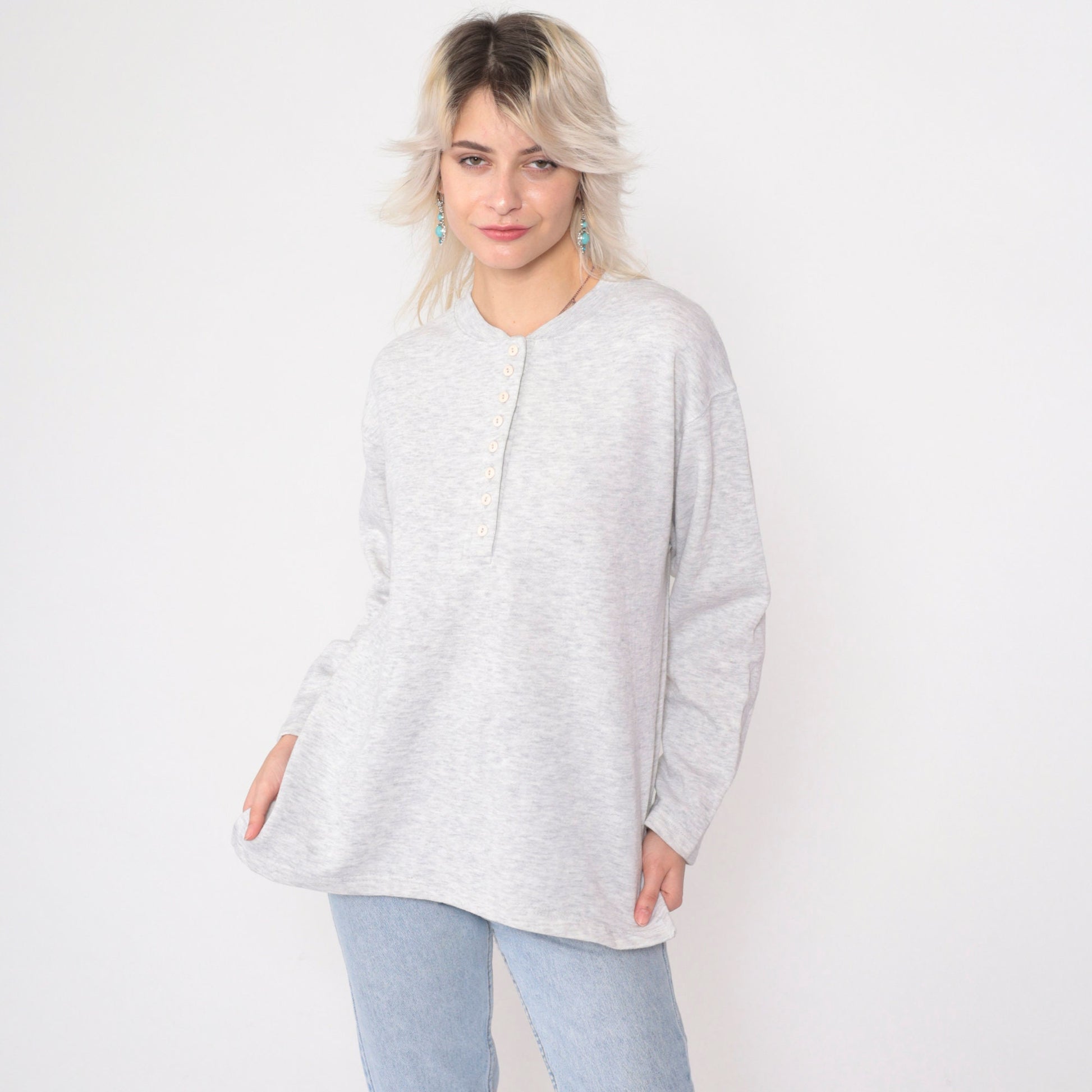 90s Heather Grey Henley Long Sleeve Button Neck Shirt Medium