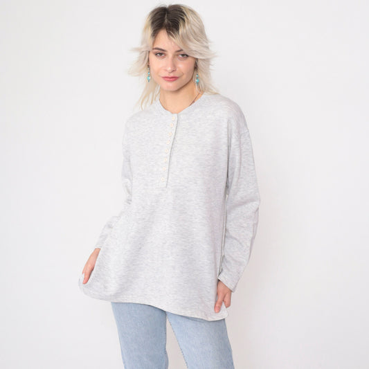 90s Heather Grey Henley Long Sleeve Button Neck Shirt Medium
