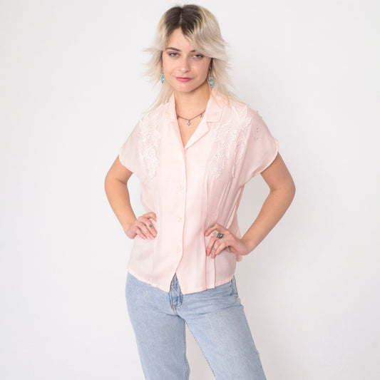 80s Baby Pink Lace Appliqué Button-Up Blouse Silver Studs Short Sleeve Medium