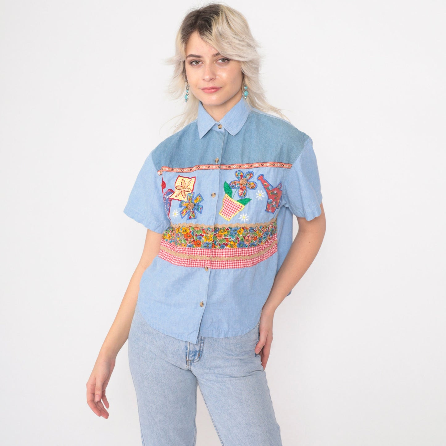 90s Victoria Jones Chambray Blouse Beaded Floral Embroidered Denim Blue Medium Petite