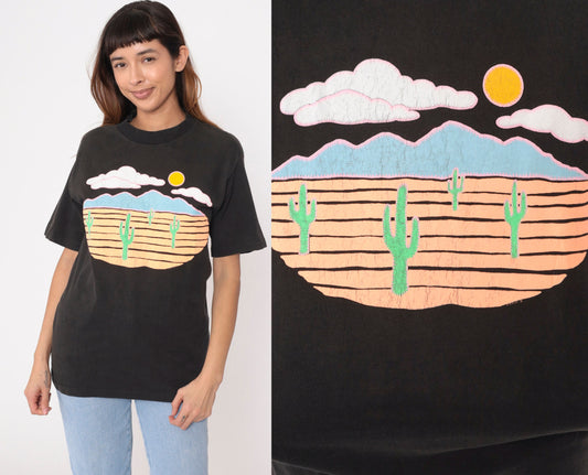 90s Southwest Desert Saguaro Cactus Graphic T-Shirt Black Single Stitch Medium