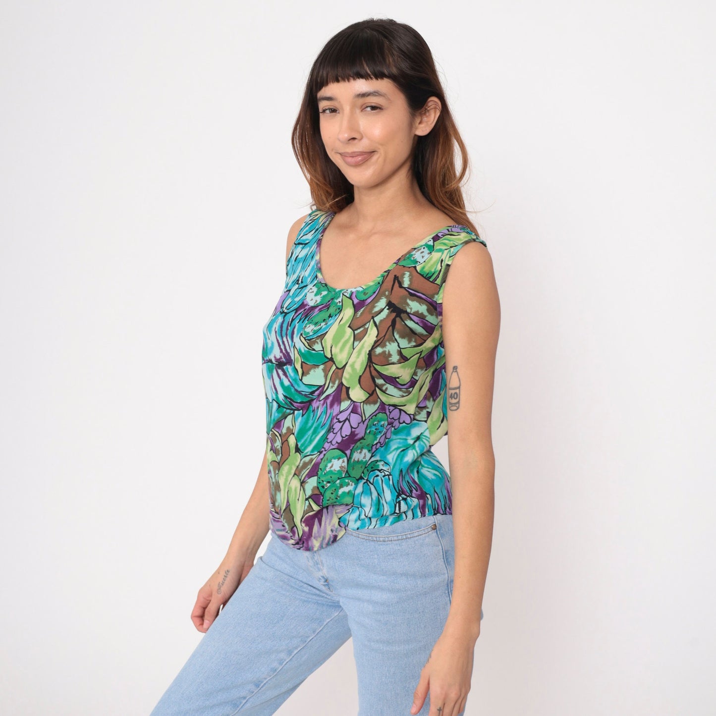 90s Botanical Abstract Leaf Tank Top Rayon Scoop Neck Green Small
