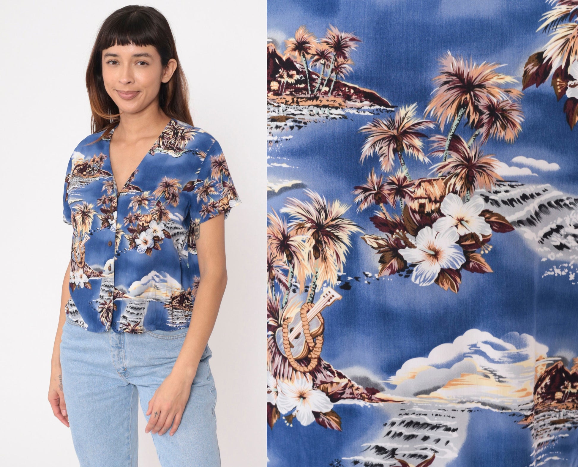 Y2K Ocean Pacific Hawaiian Shirt Blue Tropical Ukulele Print Button Up Extra Large