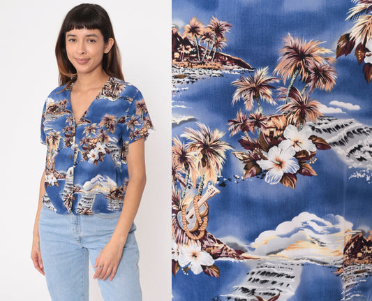 Y2K Ocean Pacific Hawaiian Shirt Blue Tropical Ukulele Print Button Up Extra Large