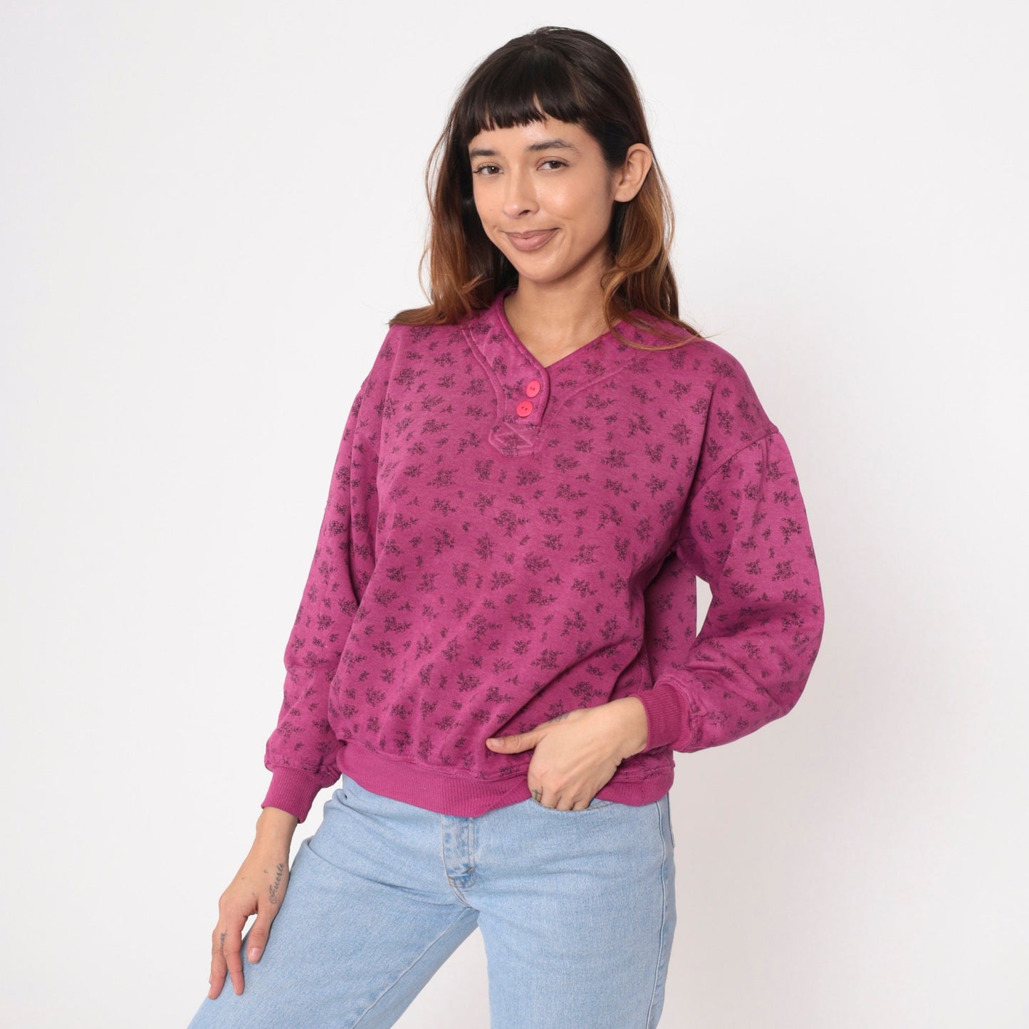 90s Magenta Floral Henley Sweatshirt Button-Up V-Neck Small S