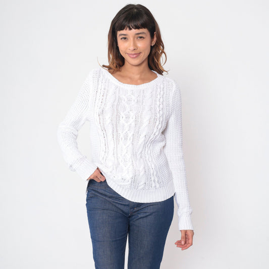Y2K Ralph Lauren White Cable Knit Pullover Sweater Medium M