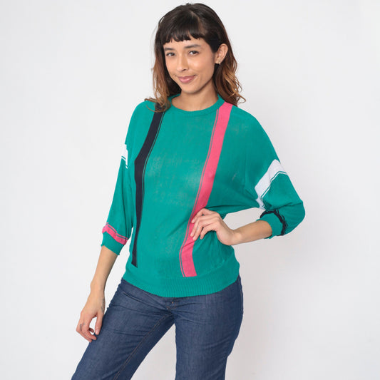 80s Teal Striped Knit Sweater Dolman Sleeve Crewneck Small