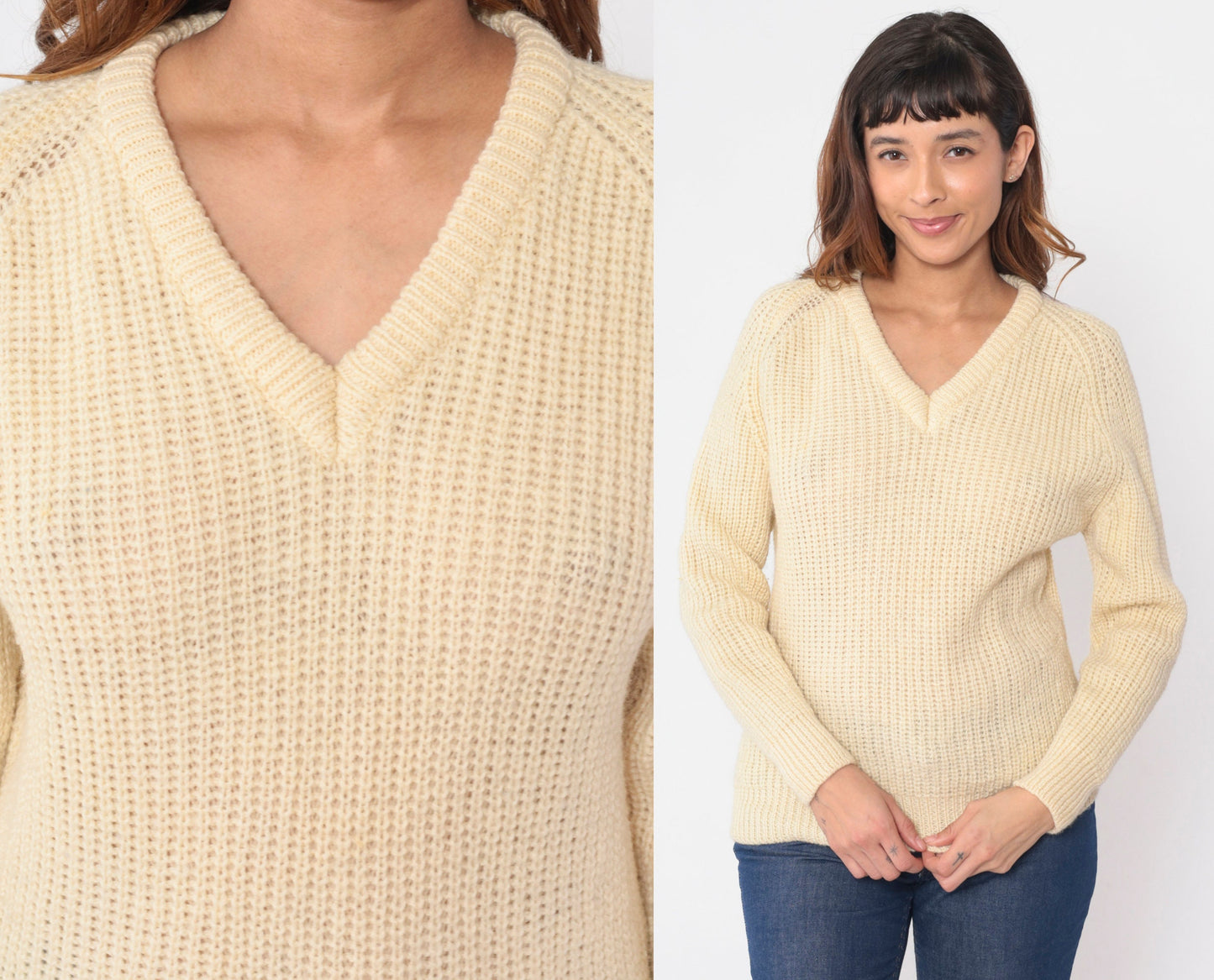 60s Wool Sweater Cream V-Neck Raglan Pullover Knit Small