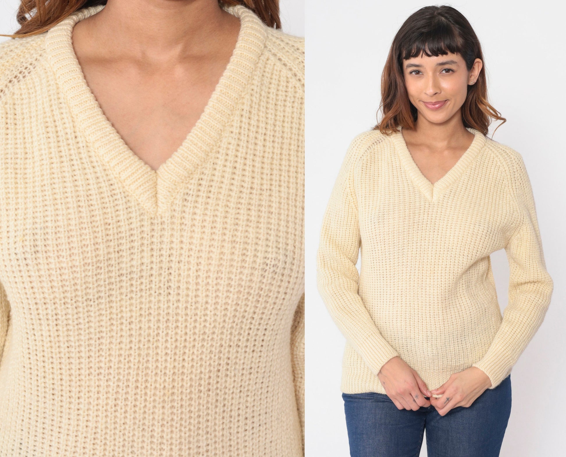 60s Wool Sweater Cream V-Neck Raglan Pullover Knit Small