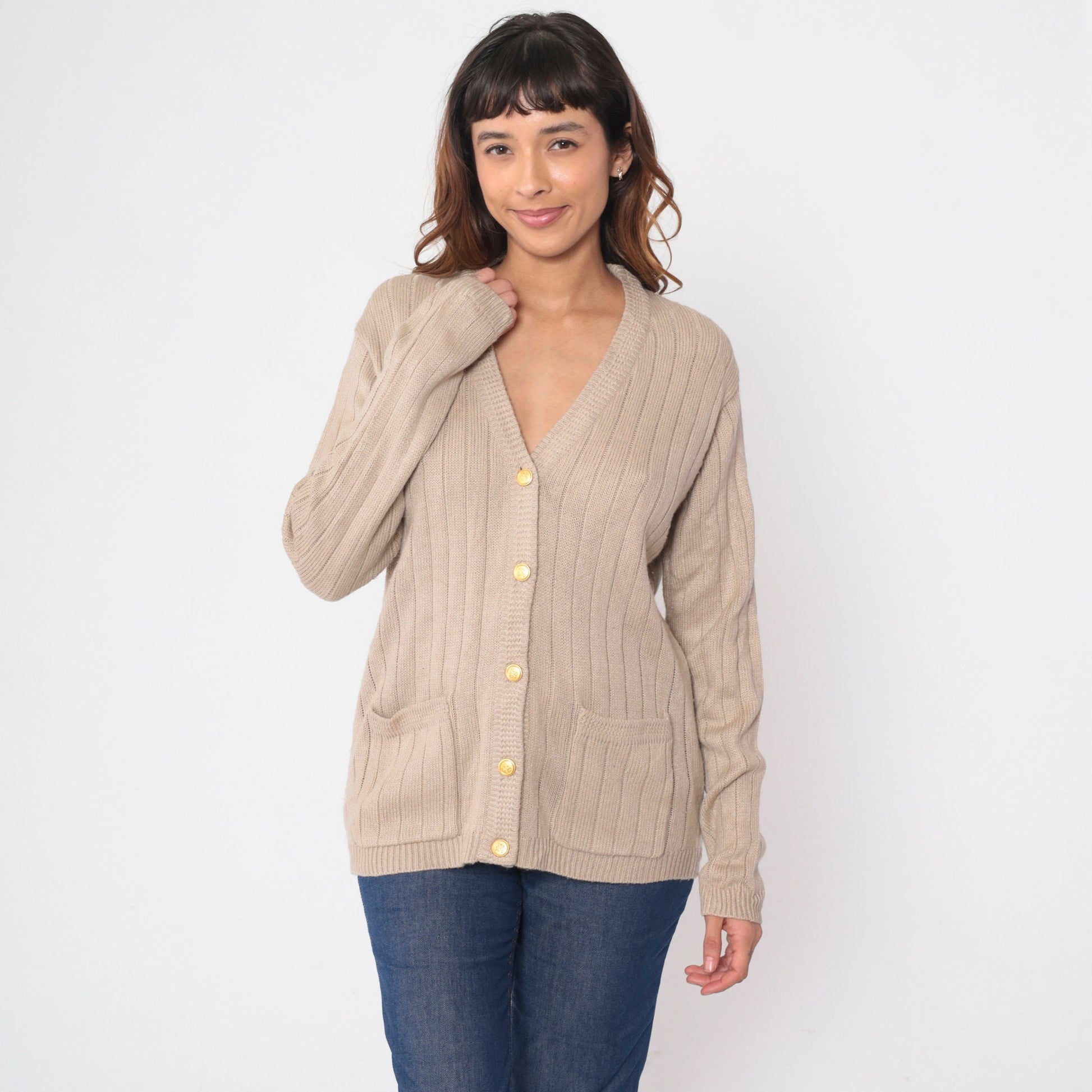 90s Taupe Ribbed Knit Cardigan Button-Up V-Neck Small S