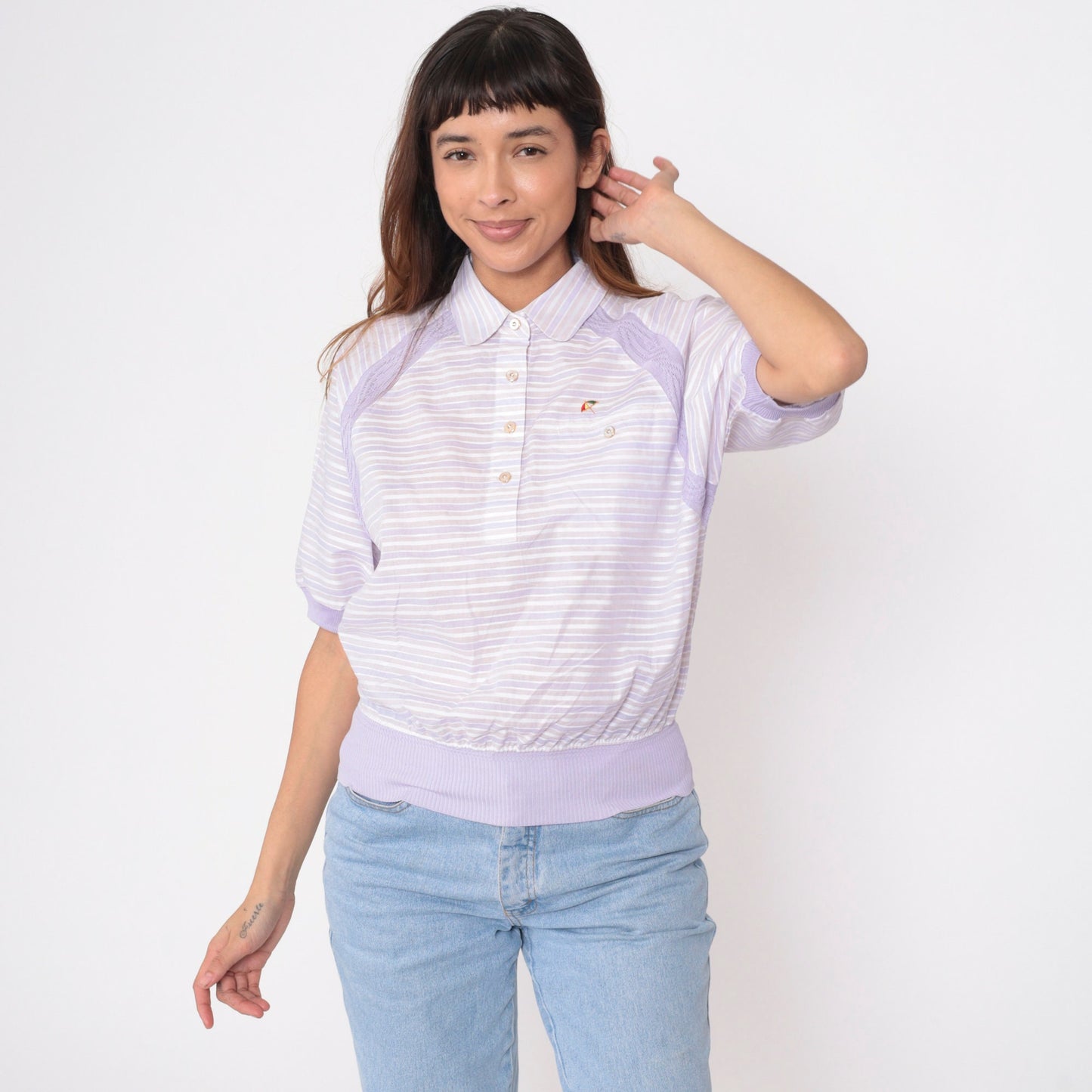 80s Arnold Palmer Striped Polo Shirt Lavender White Collar Short Sleeve Small