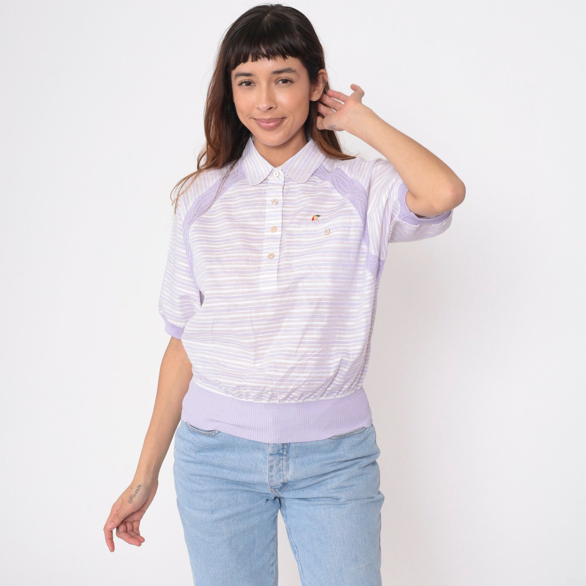 80s Arnold Palmer Striped Polo Shirt Lavender White Collar Short Sleeve Small