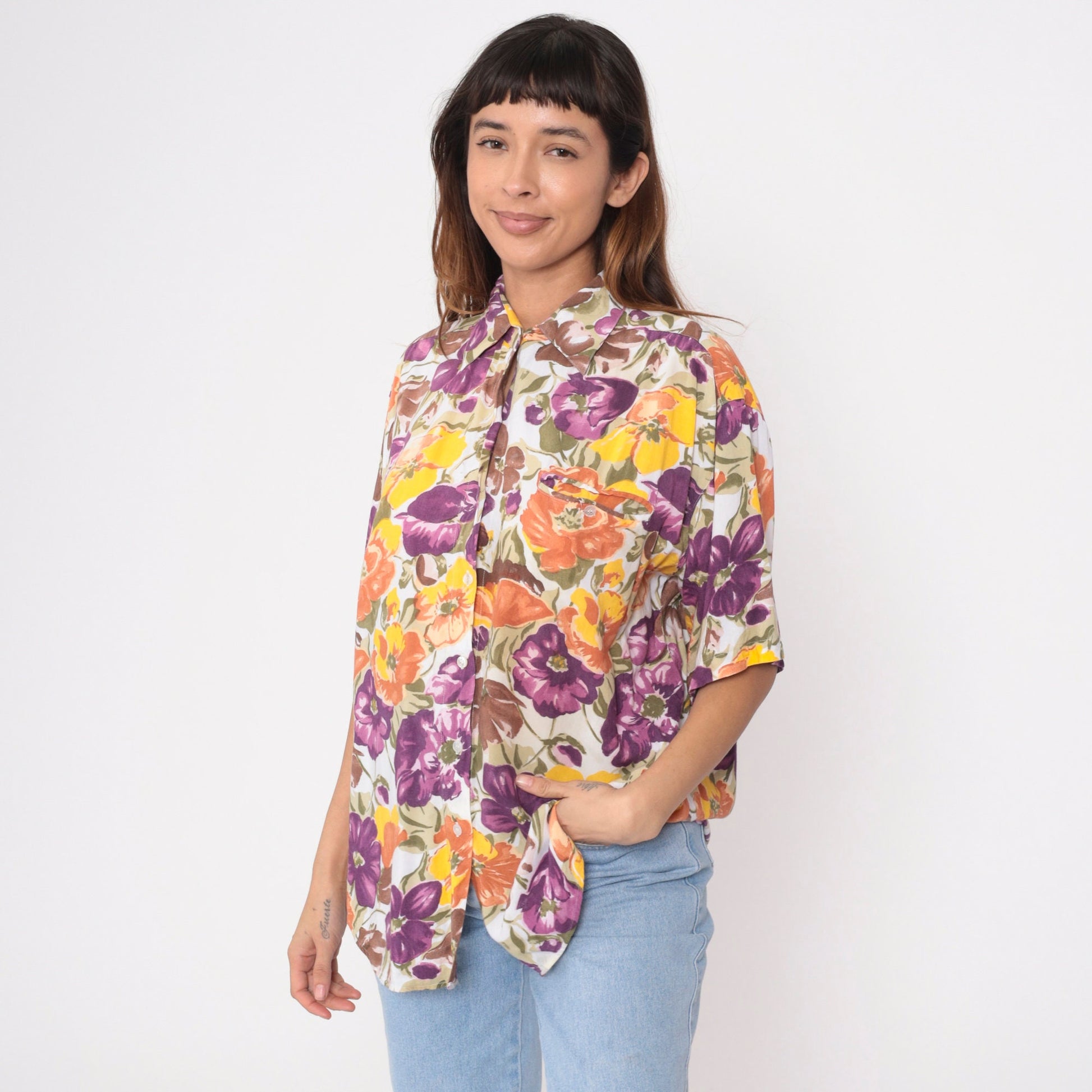 90s Watercolor Floral Rayon Button-Up Blouse Short Sleeve Large L