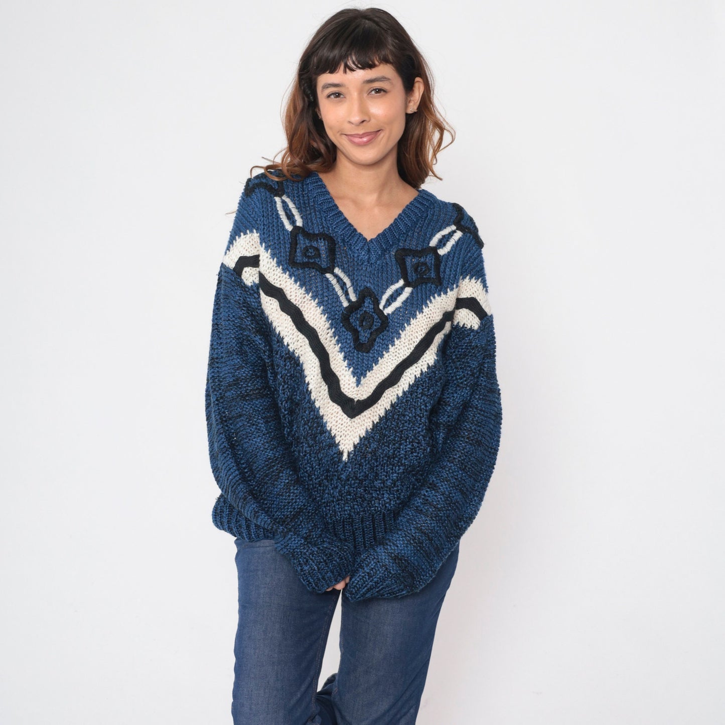 90s Embroidered Floral Knit Sweater Blue Black Chevron Stripe Extra Large