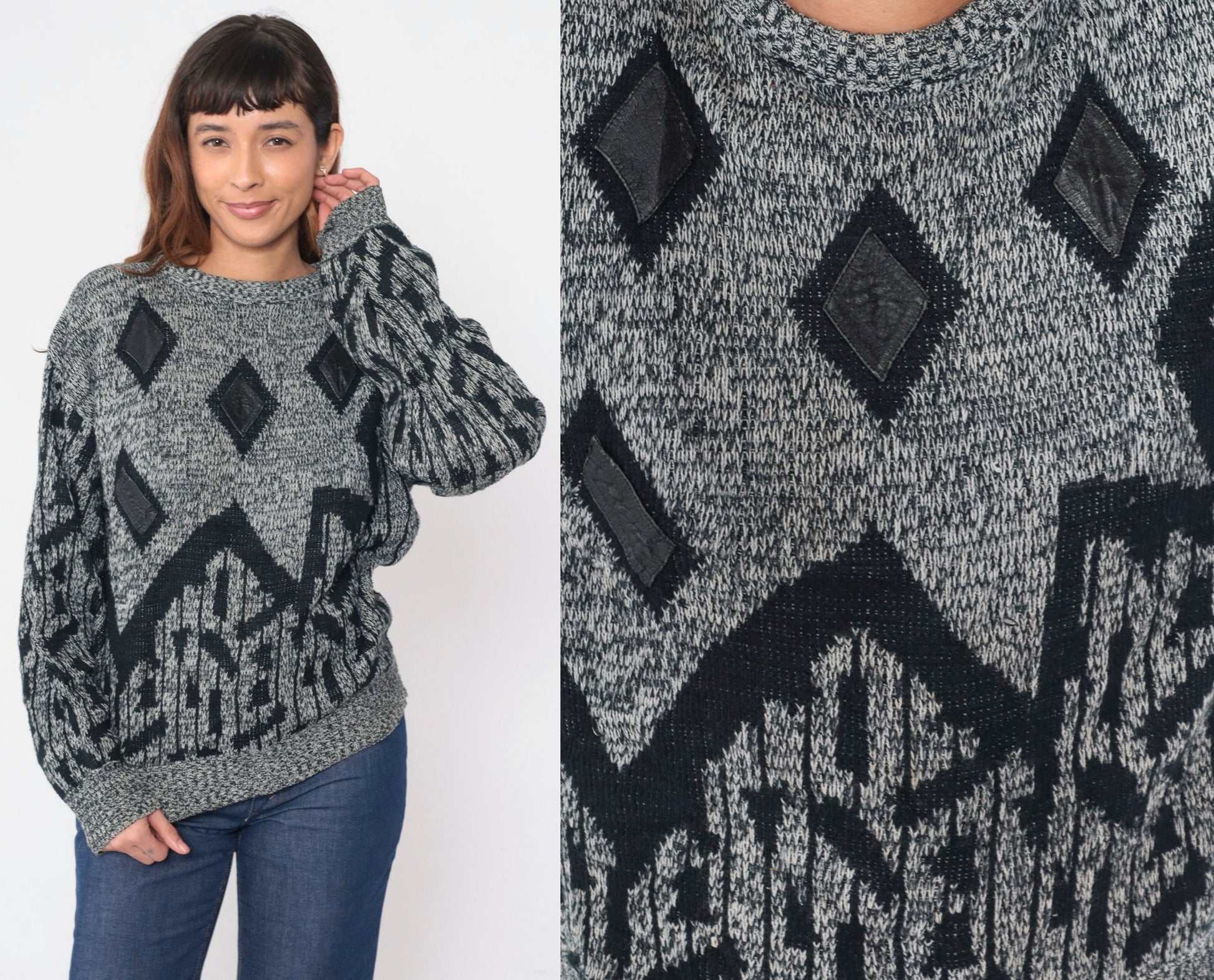 90s Raf Grey Black Flecked Knit Sweater Diamond Leather Patch Crewneck Large L