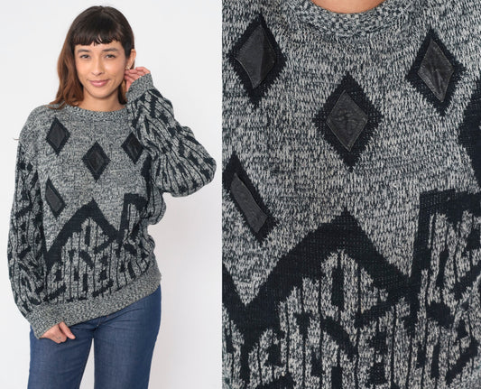 90s Raf Grey Black Flecked Knit Sweater Diamond Leather Patch Crewneck Large L