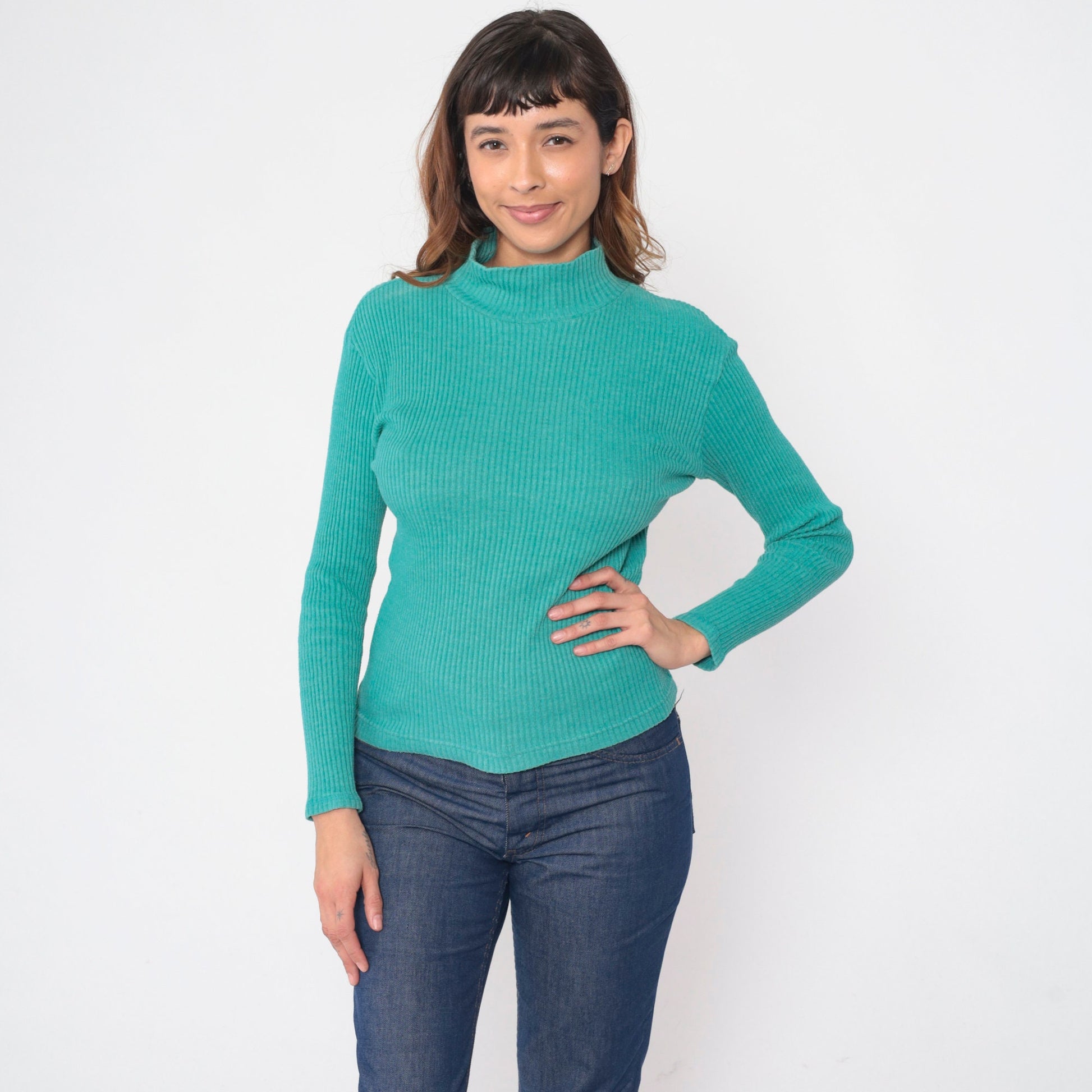 90s Turquoise Ribbed Turtleneck Long Sleeve Knit Top Medium