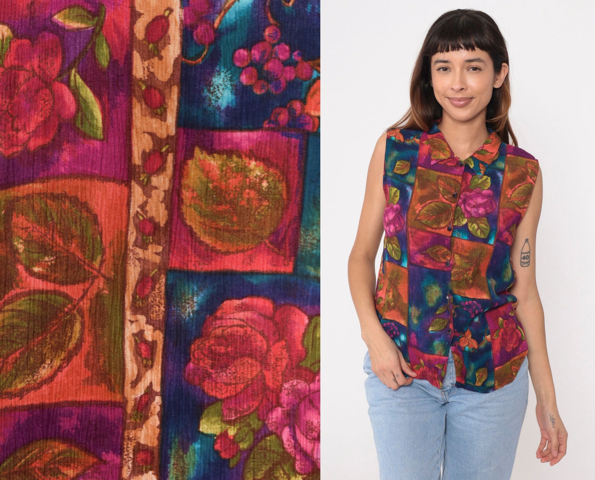 90s Floral Patchwork Button-Up Tank Top Rayon Sleeveless Blouse Medium
