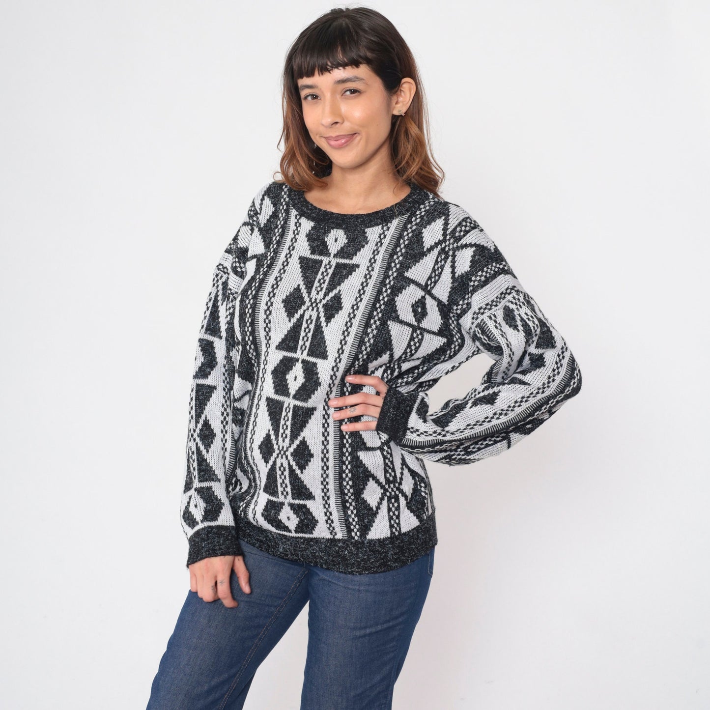 90s Black White Geometric Abstract Knit Sweater Crewneck Large L