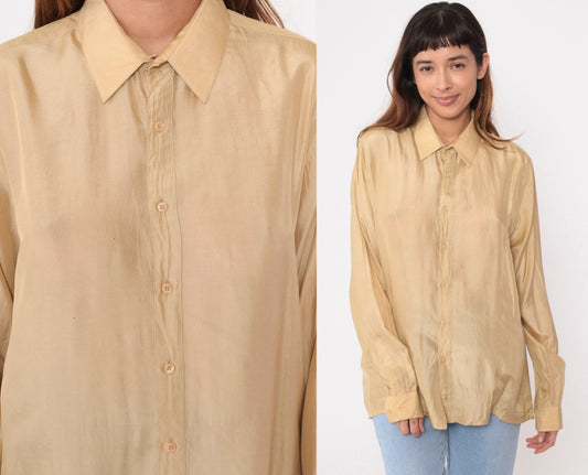 90s Giorgio Armani Silk Button-Up Shirt Muted Yellow Long Sleeve Men's Large