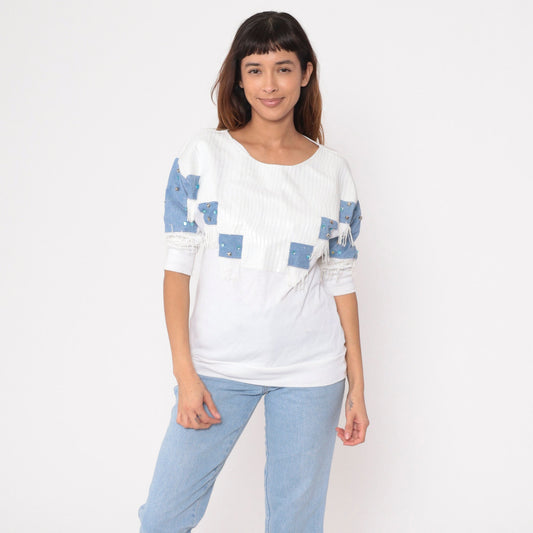 90s Southwestern Studded Beaded White T-Shirt Vinyl Snakeskin 3/4 Sleeve Medium