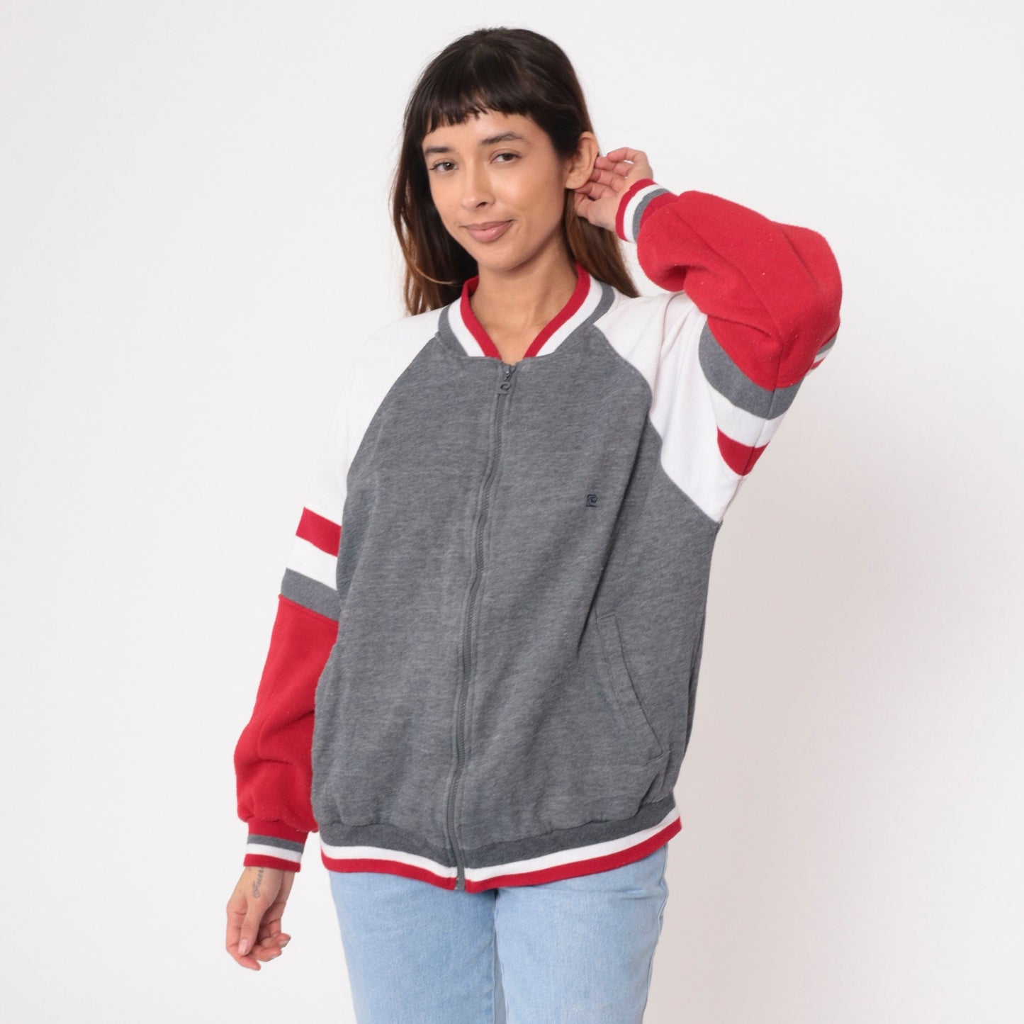 90s Pierre Cardin Zip-Up Sweatshirt Heather Grey Red White Stripe Large L