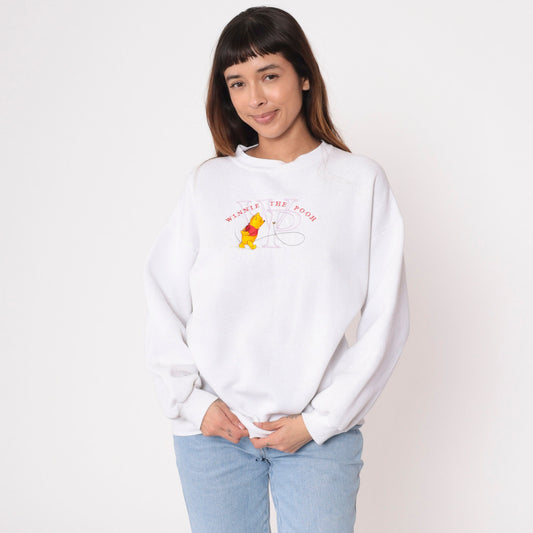 90s Winnie The Pooh Disney Embroidered Sweatshirt White Crewneck Large L