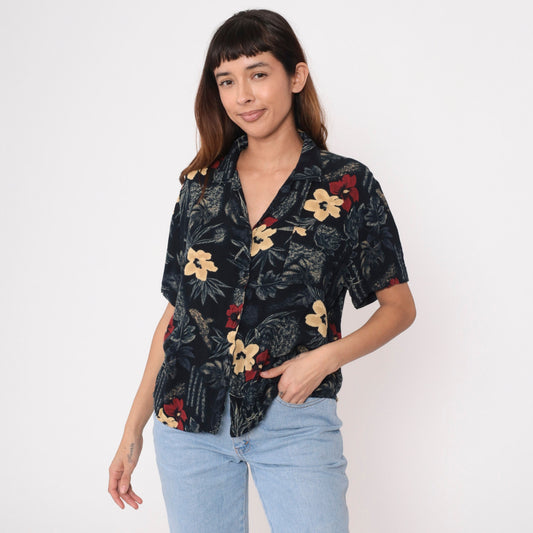 90s Sag Harbor Floral Blouse Black Rayon Button Up Short Sleeve Medium