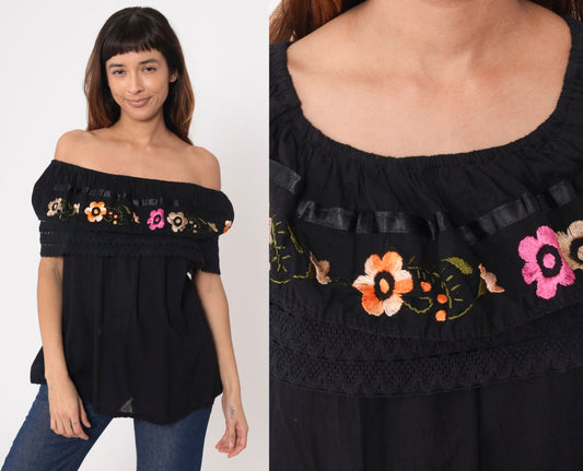 90s Mexican Floral Embroidered Cotton Blouse Off-Shoulder Black Medium