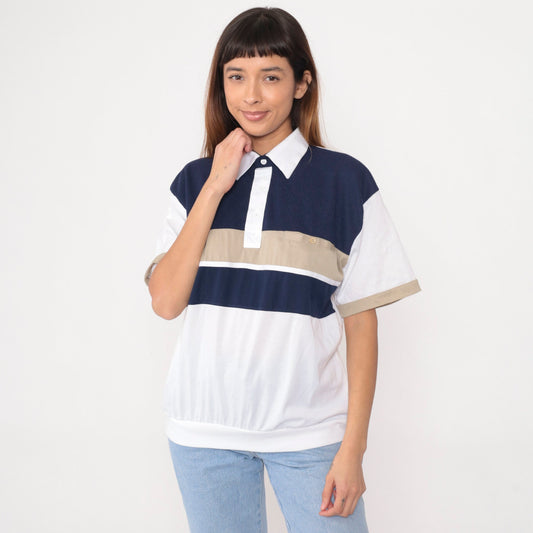 90s Striped Polo Shirt White Navy Blue Tan Collared Short Sleeve Medium