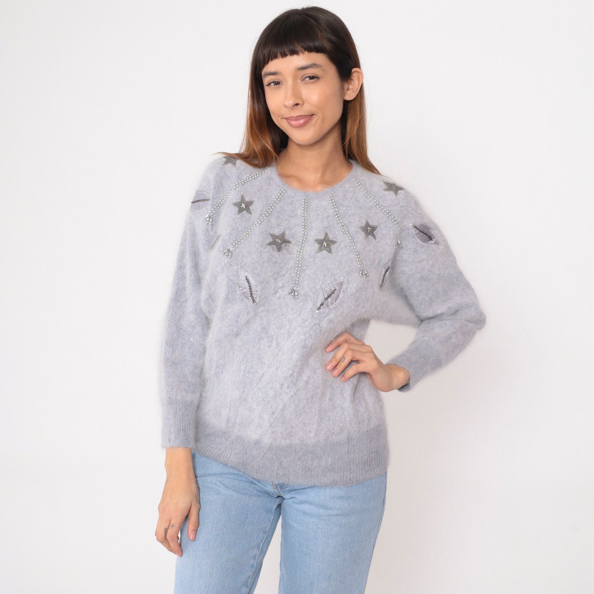 80s Beaded Star Periwinkle Mohair Blend Dolman Sweater Medium M