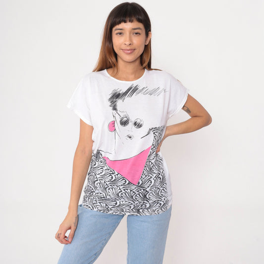 90s Woman Art Print Graphic Tee White Cotton Blend Small