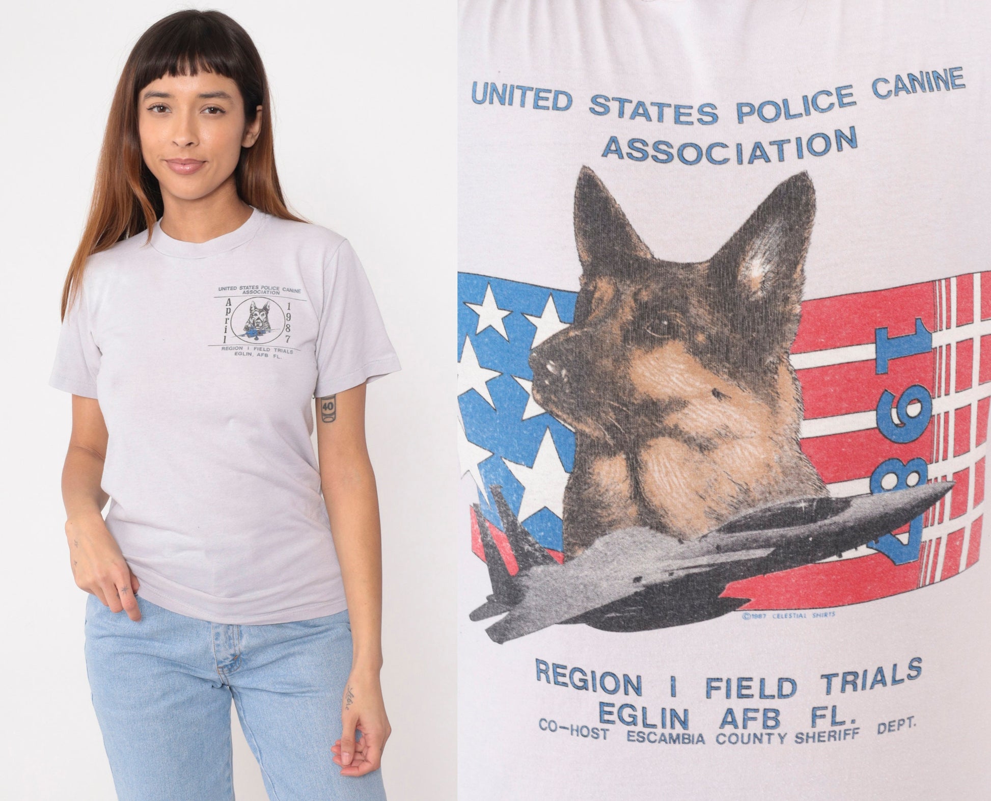 1987 Police Canine Association Graphic T-Shirt Grey Single Stitch Small