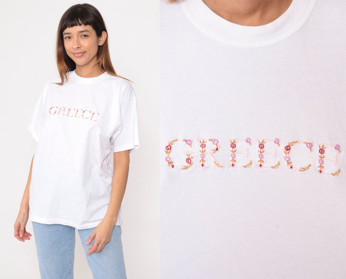 90s Greece Floral Embroidered White Cotton T-Shirt Graphic Tee Large L