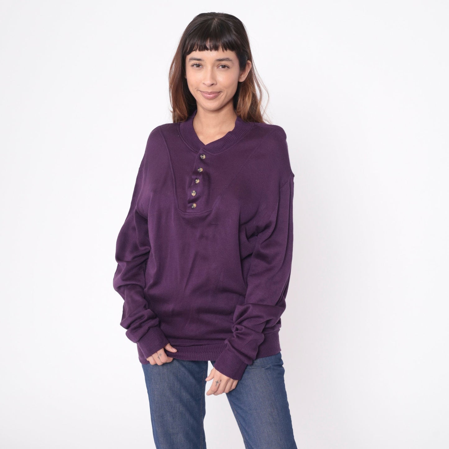90s Purple Henley Sweater Acrylic Knit Pullover Men's Medium