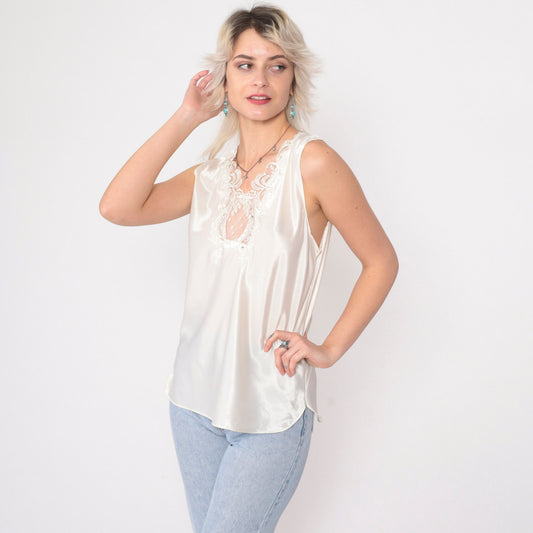 80s White Satin Camisole Tank Top Pearl Beaded Lace Trim Medium