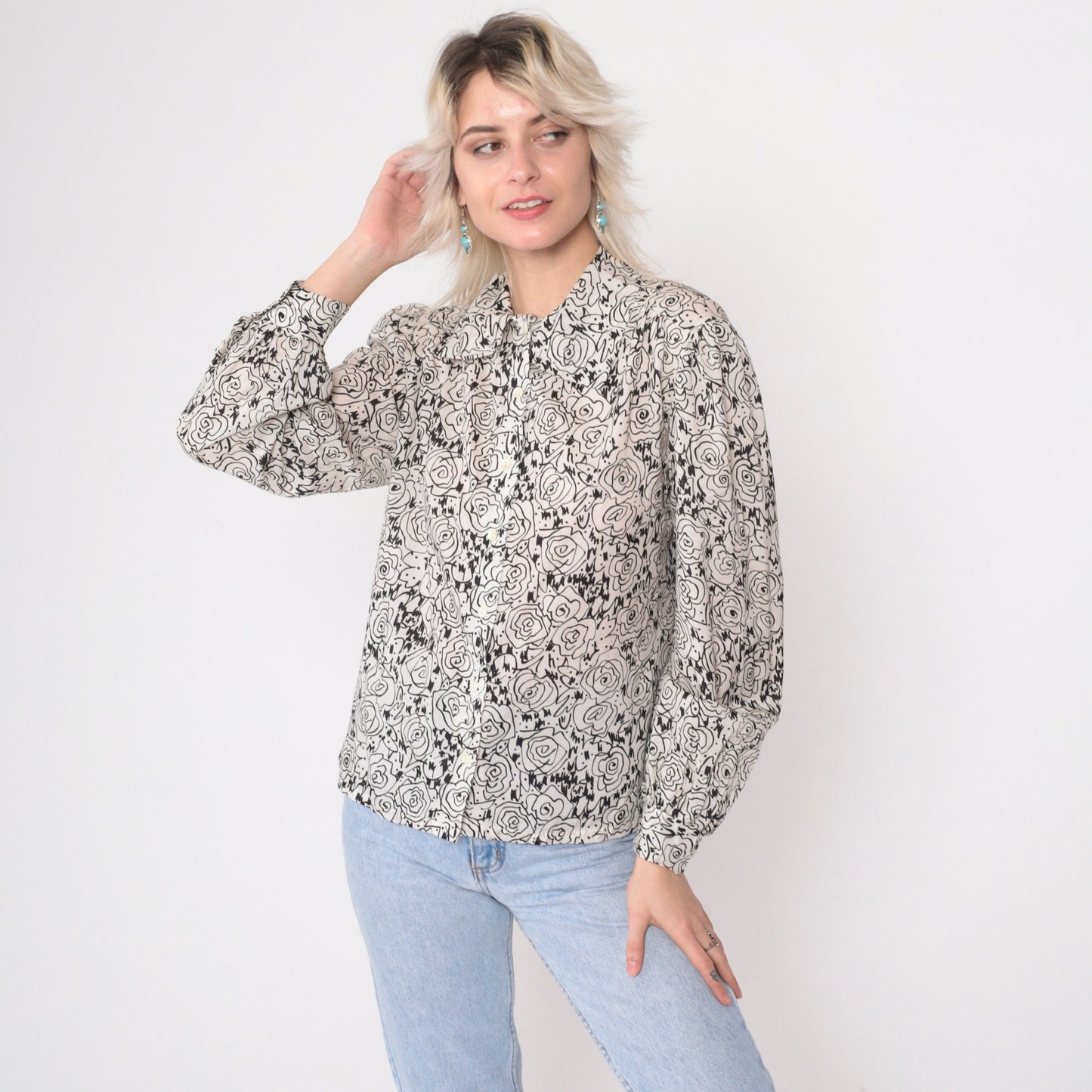 80s Abstract Floral Sketch Blouse Black White Puff Sleeve Button Up Medium