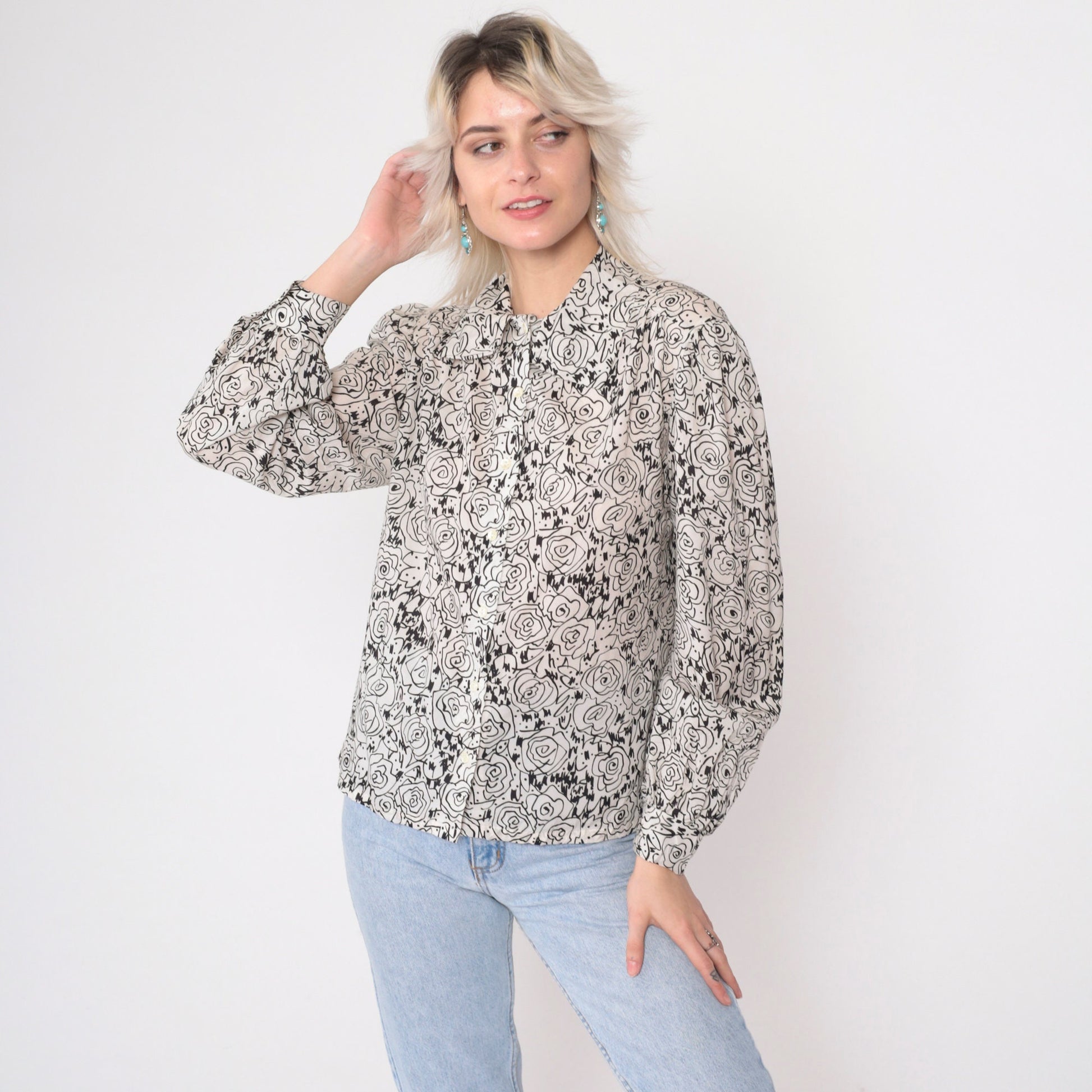 80s Abstract Floral Sketch Blouse Black White Puff Sleeve Button Up Medium