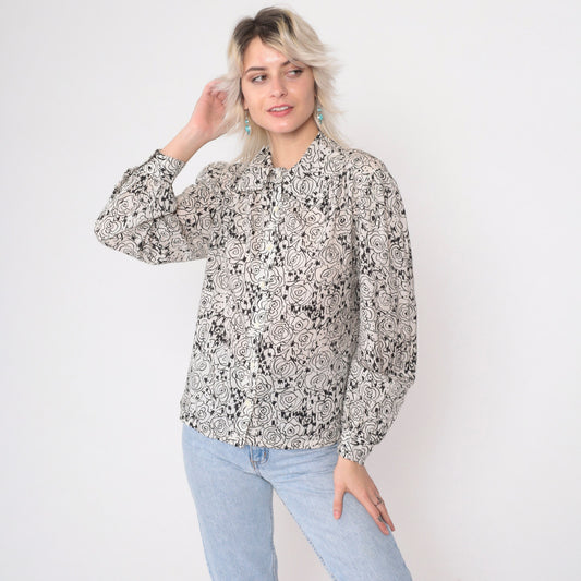 80s Abstract Floral Sketch Blouse Black White Puff Sleeve Button Up Medium