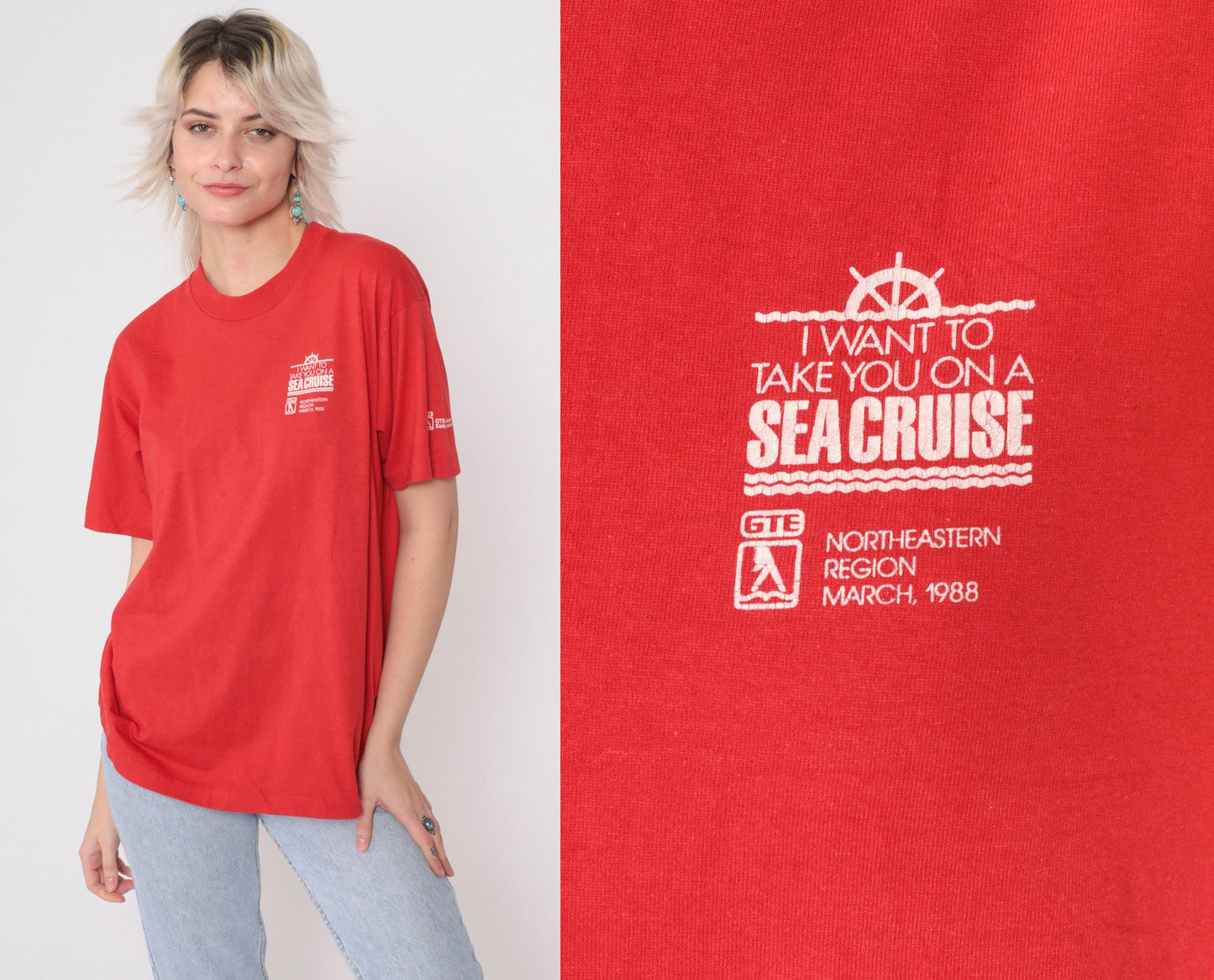 1988 GTE Telephone Company Sea Cruise Graphic T-Shirt Red Medium
